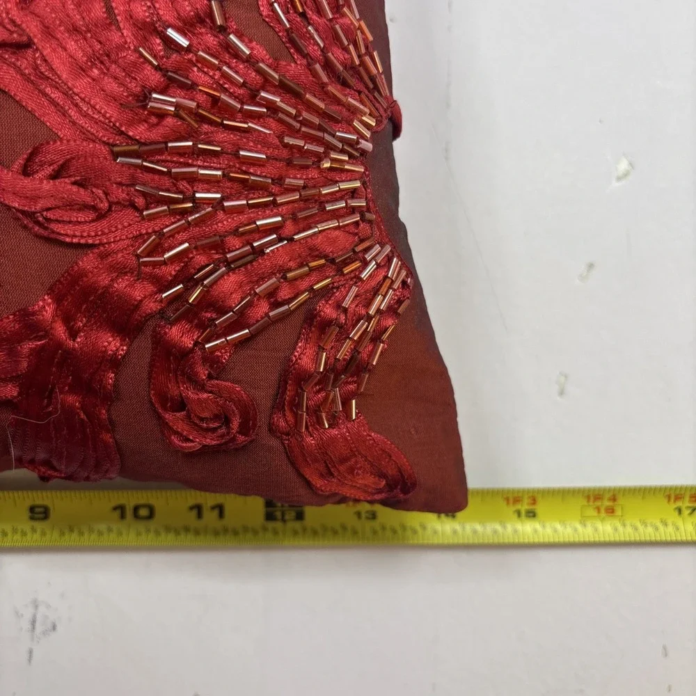 Vtg Set of 2 Pier 1 Beaded Sequin Red‎ Appliqué Ribbon Pillows 18 X14 Inch